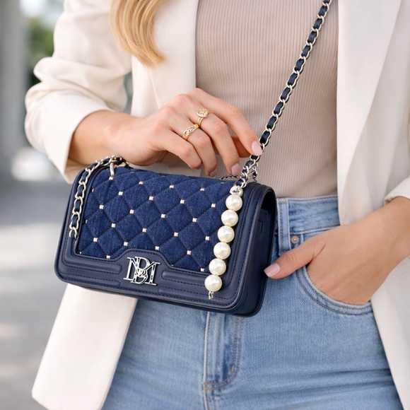 Badgley Mischka Handbags - Badgley Mischka Dark Blue Denim Pearl Strap Crossbody Bag